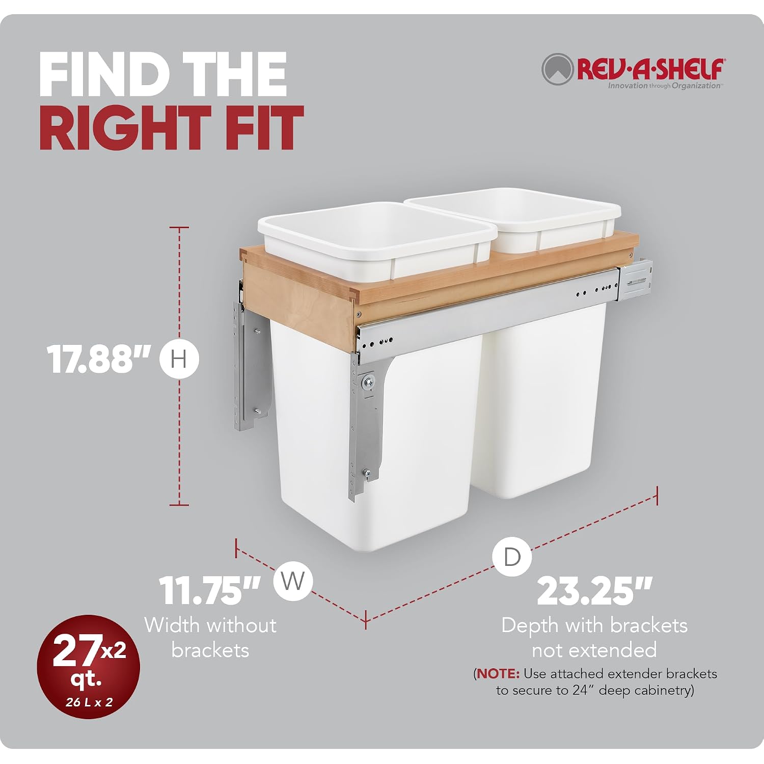 Rev-A-Shelf 35 Qt Top Mount Double Pullout Under Cabinet Kitchen Trash Cans for Base Cabinets, 150 Pound Rated Full-Extension Slides, Min Opening Width of 14.75", White, 4WCTM-18DM2-162