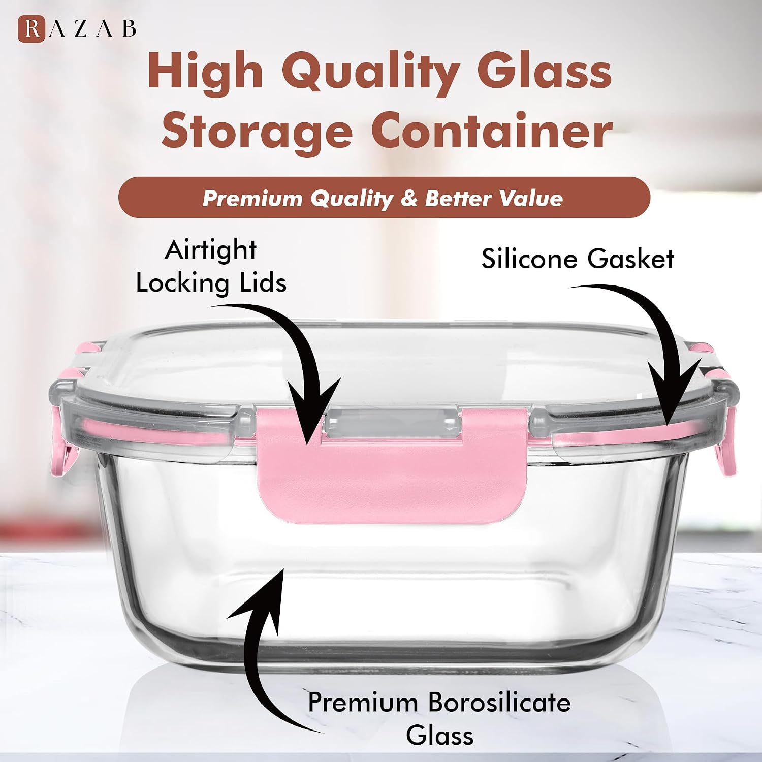 Razab 2 PC 1200ML / 41 Oz Glass Food Storage Containers with Lids - Airtight & Leakproof - Microwave/Oven/Freezer Safe - BPA Free - Ideal for Meal