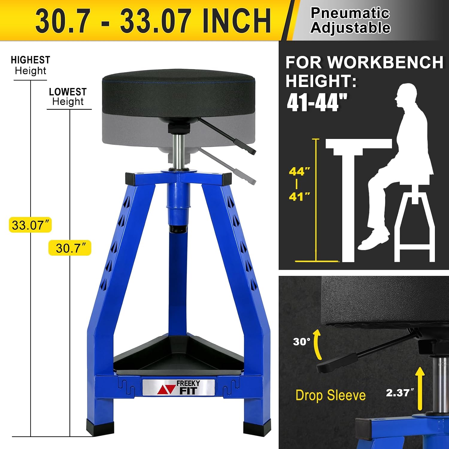 Adjustable Shop Stool,Garage Mechanic Stool Chair,Work Seat for Workshop, Adjustable Height, 360° Swivel Padded Square Seat,Tool Storage, 350 LBS Capacity, Heavy Duty, Blue