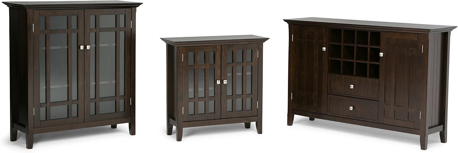 SIMPLIHOME Bedford 62" Wide Solid Wood Sideboard in Brunette Brown | Transitional low media console with glass doors and storage shelves for the living room, entryway or dining room.