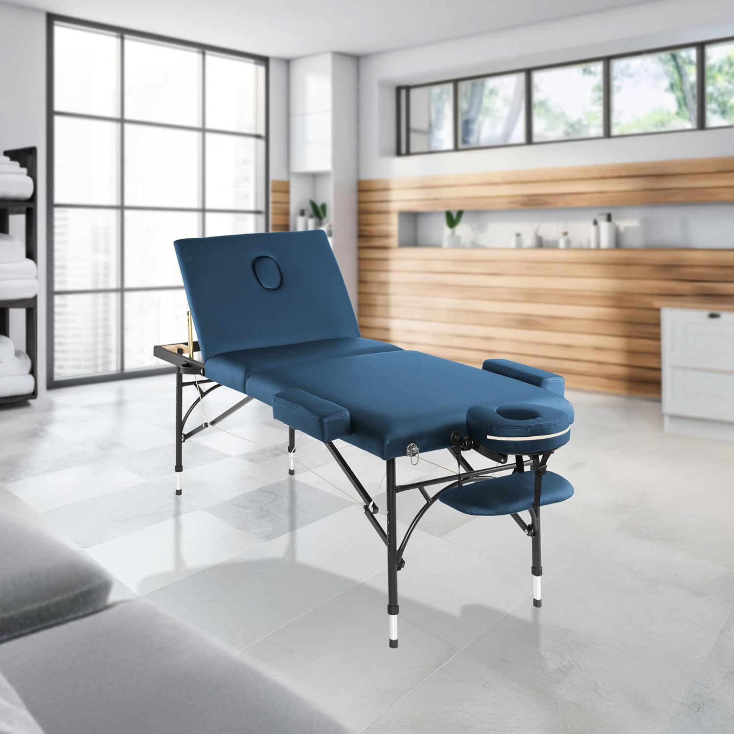 Saloniture Professional Portable Lightweight Tri-Fold Massage Table with Aluminum Legs - Includes Headrest, Face Cradle