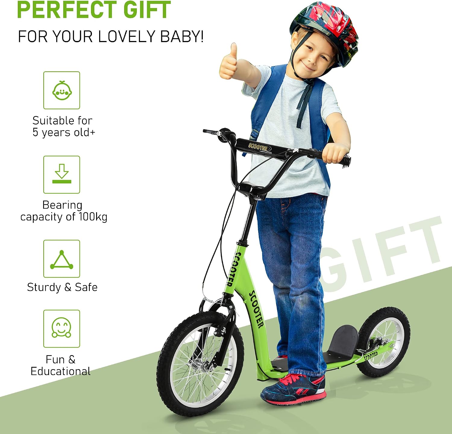 Aosom Youth Scooter Kids 5+ Adjustable Handlebar 16" Front 12" Rear