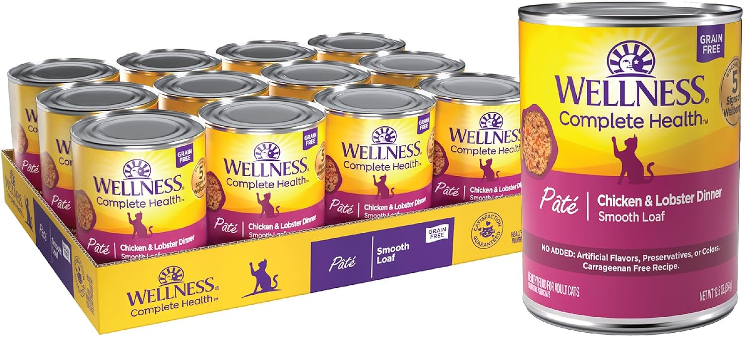 Wellness Complete Health Pate Adult Canned Wet Cat Food, Natural, Protein Rich, Grain Free, Turkey Dinner Recipe, 12.5 oz, Pack of 12 Cans