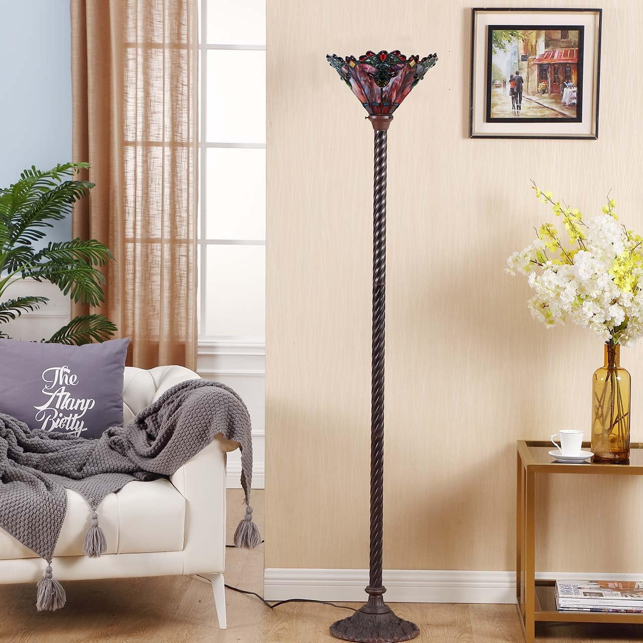 Bieye L10682 Baroque 67 inch Tiffany Style Stained Glass Torchiere Floor Lamp with 13 Inch Wide Handmade Lampshade