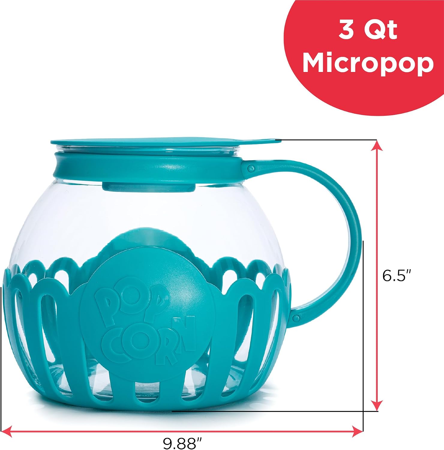 Ecolution Patented Micro-Pop Microwave Popcorn Popper with Temperature Safe Glass, 3-in-1 Lid Measures Kernels and Melts Butter, Made Without BPA, Dishwasher Safe, 3-Quart, Red