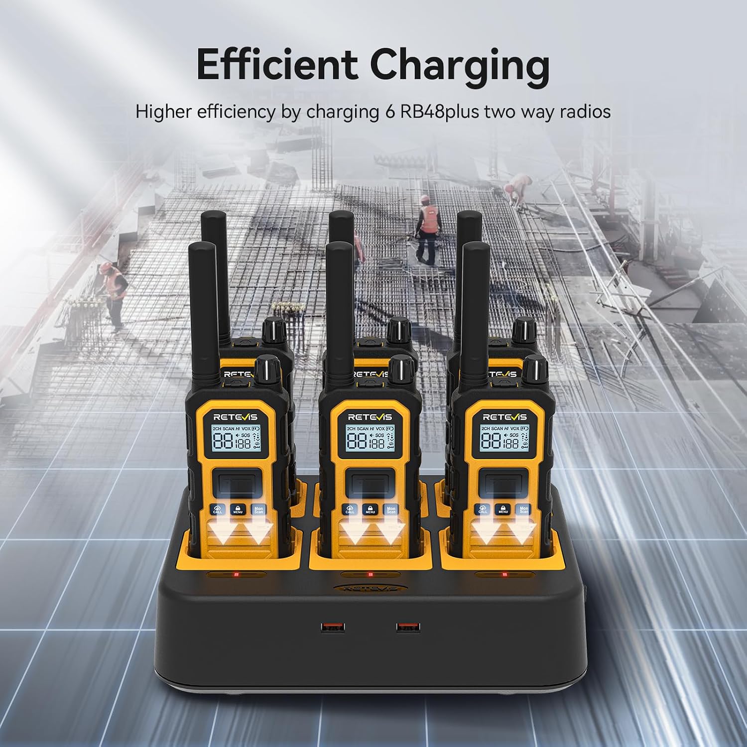 Retevis RB48 Plus Waterproof Walkie Talkies Long Range,GMRS Radios (6 Pack) | with 6-Way Charger,Heavy Duty,Rechargeable Two Way Radios,Connected Repeater,Dustproof,Shock Resistant,NOAA,Emergency Radios