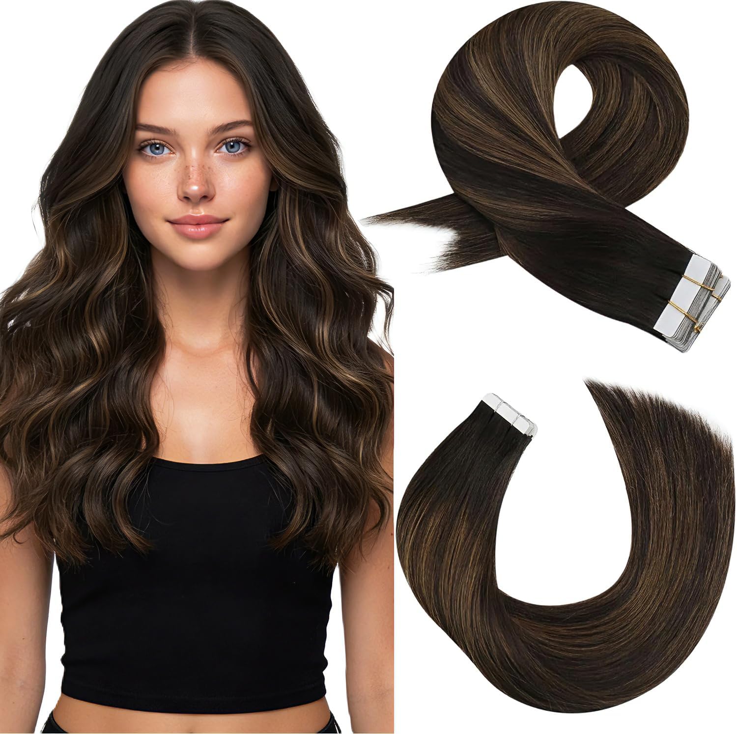 Moresoo Black Tape in Hair Extensions Human Hair, 18 Inch, 20Pcs, 50g