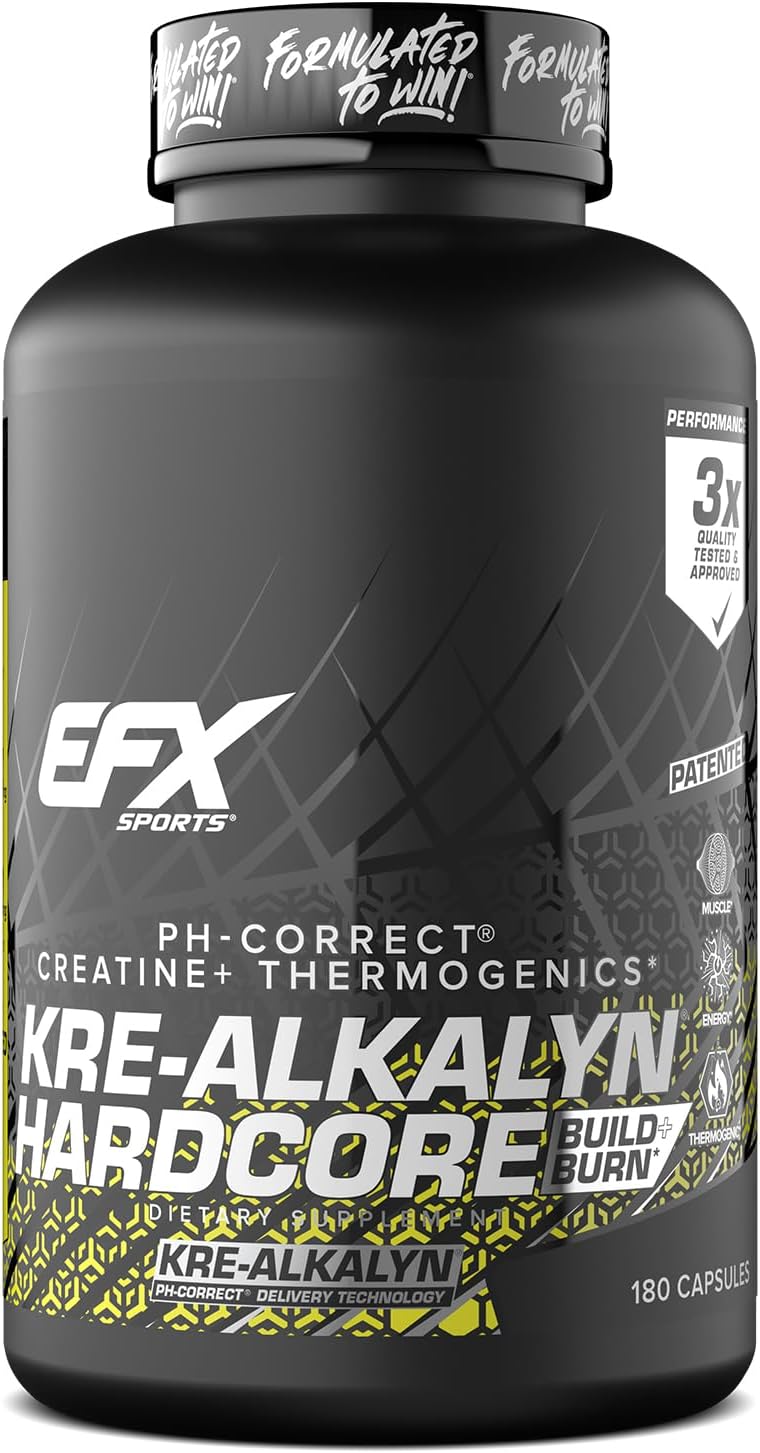 EFX Sports Kre-Alkalyn Hardcore | Thermogenic pH Correct Creatine Monohydrate Pill Supplement | Energy & Strength Pre Workout | 40 Servings, 120 Capsules
