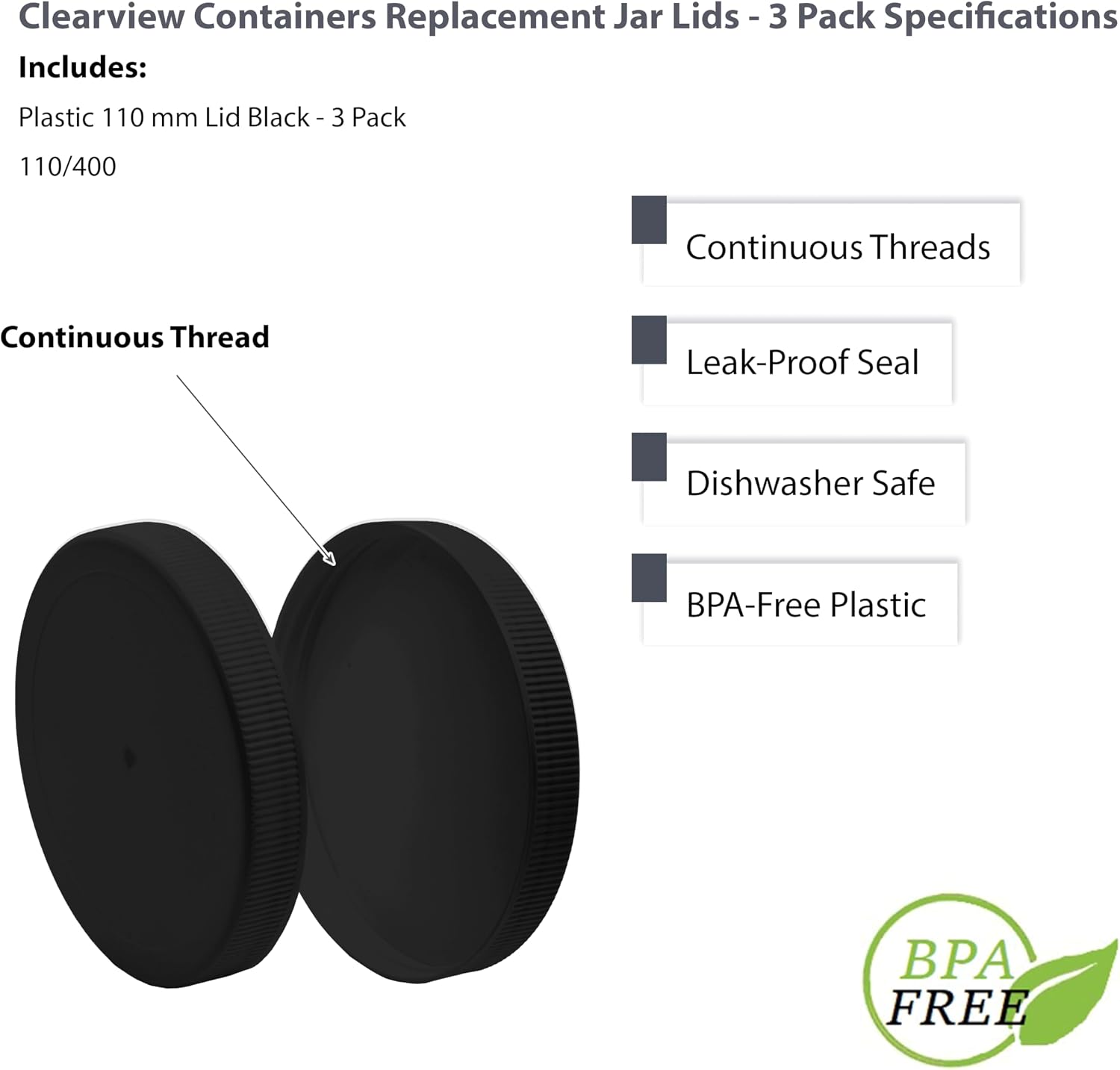 1 Pack - 128 oz (1 Gallon) Plastic Storage Jars with 110-400 Leak Proof Black Lids, Food Grade, BPA Free, Hand Wash Only (128oz, BLK, 1PK)