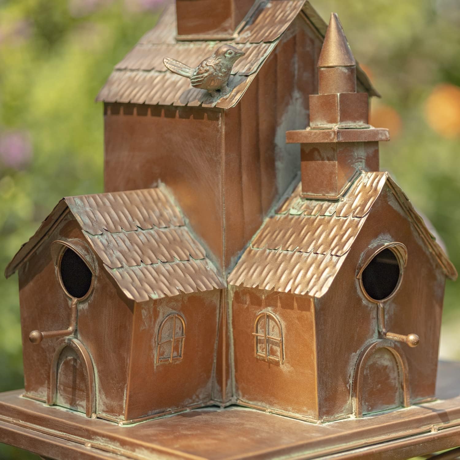 Large Copper Colored Multi-Birdhouse Stakes, Room for 4 Bird Families in Each (Cube Homes with Pyramid Roofs)