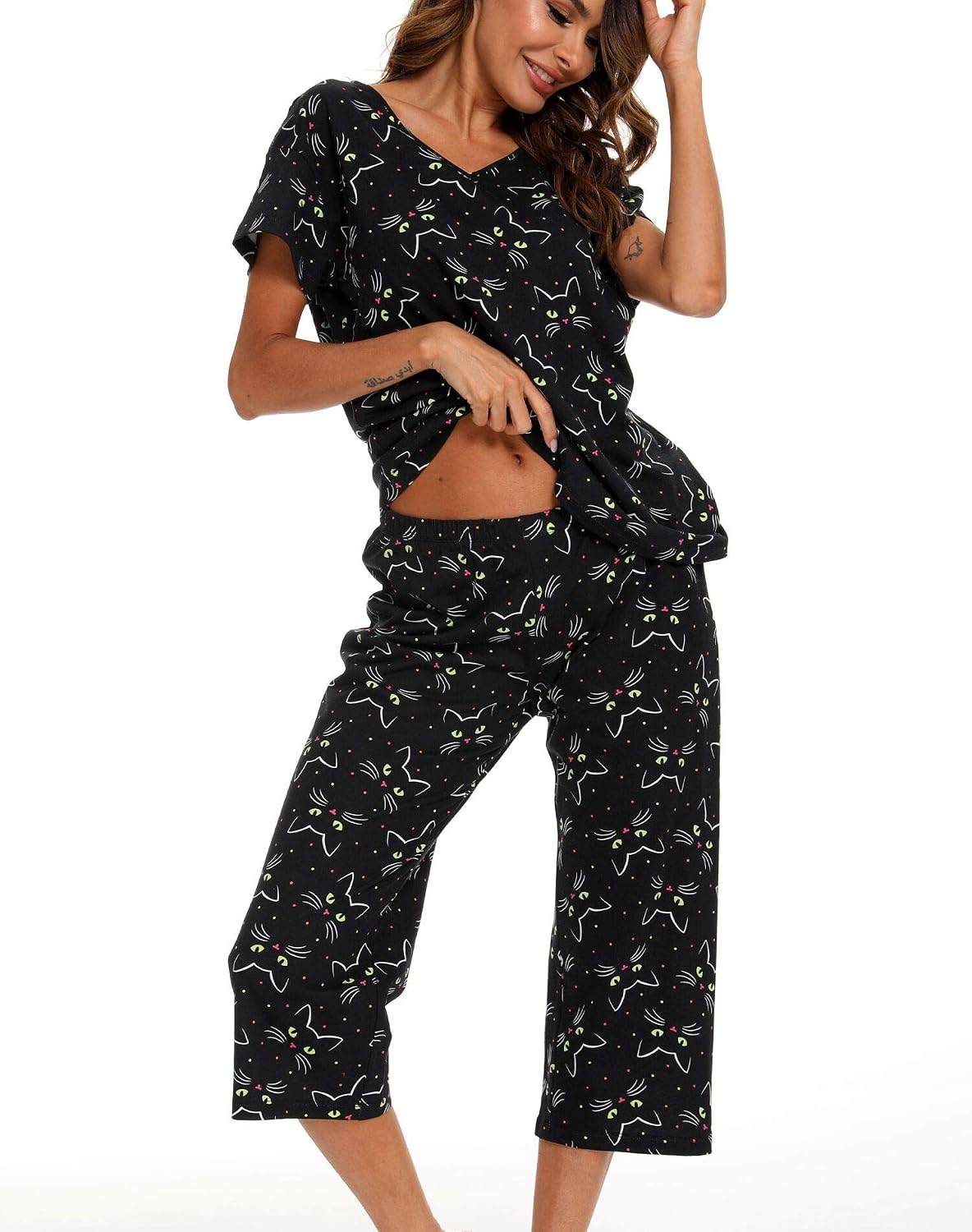 ENJOYNIGHT Womens Pajama Set Cotton Summer Pj Top with Capri Pant Sleepwear