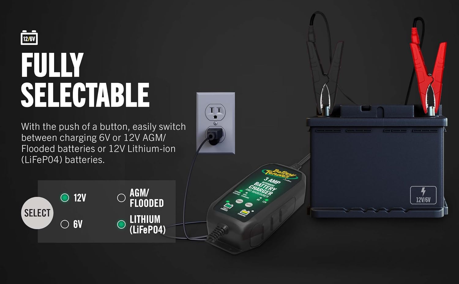 Battery Tender 3 AMP Battery Charger and Maintainer - Automotive Switchable 12V or 6V Smart Automatic for Cars SUVs and Trucks - Lead Acid, AGM, Gel