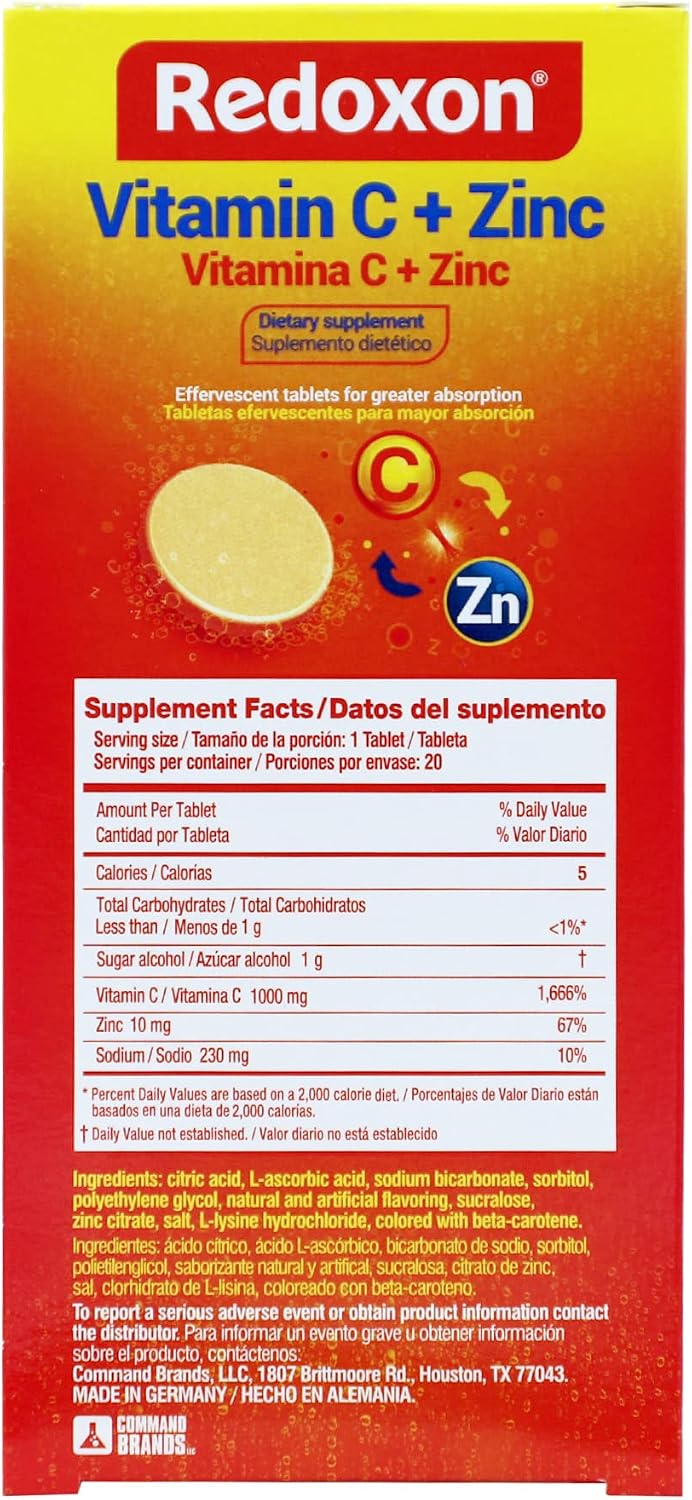 Redoxon Vitamin C + Zinc, Effervescent Tablets of Vitamin C and Zinc, Helps Support Your Immune System, Orange Flavor, 20 Effervescent Tablets, 2.82 Oz, Box