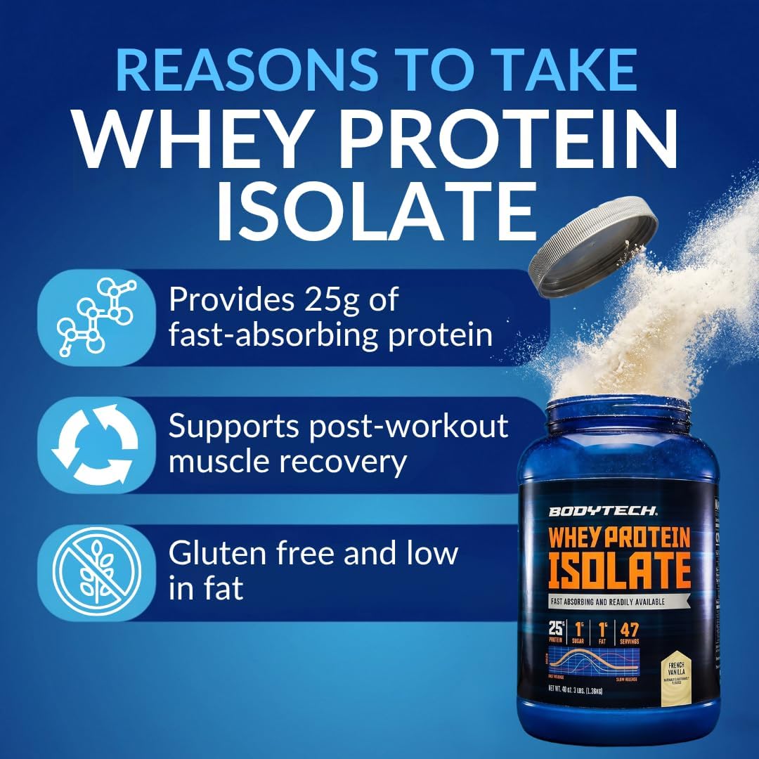 BodyTech Whey Protein Isolate Powder, French Vanilla, 1.5 LB, 23 Servings | 25G Protein per Serving, High Concentrated Protein Powder With Amino Acids & BCAAs for Men and Women, Gluten Free