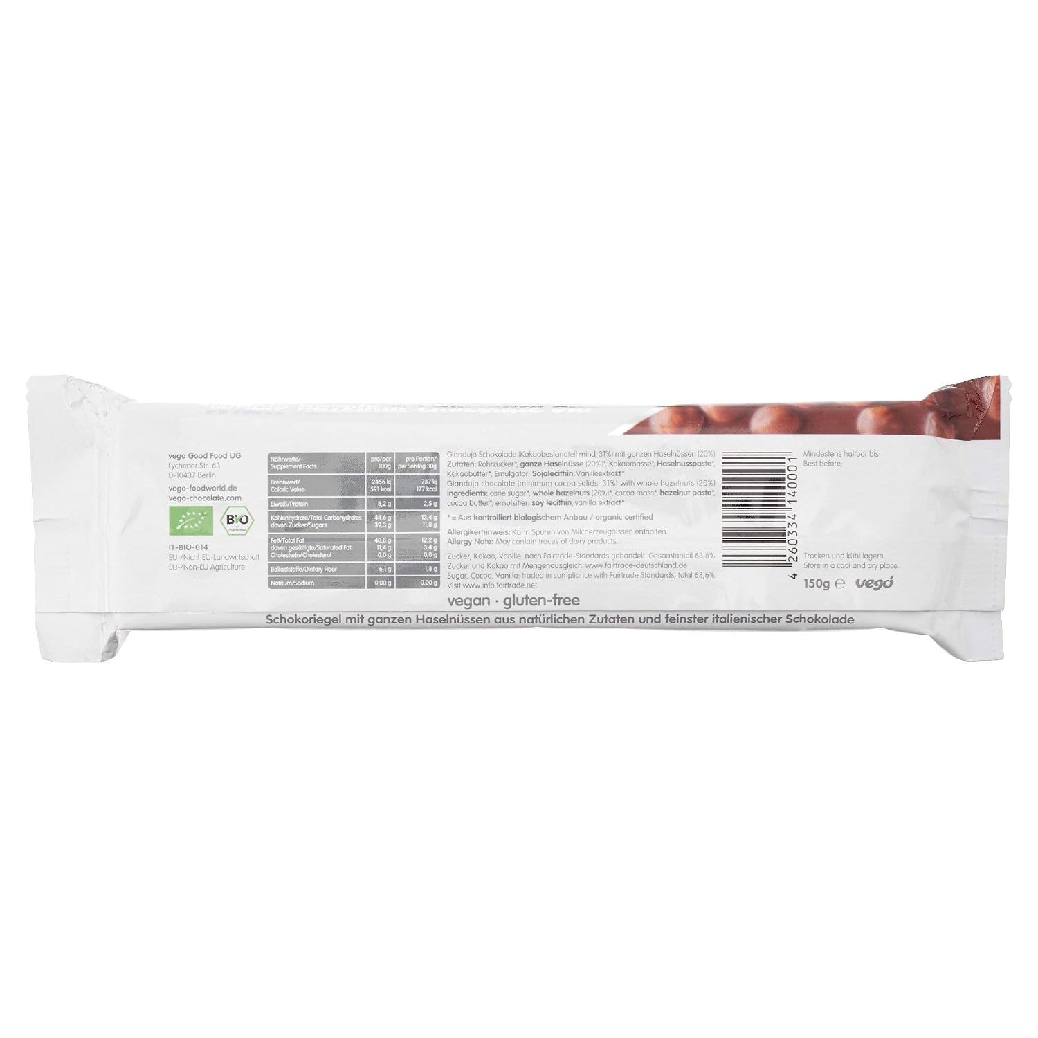 VEGO Organic Hazelnut Chocolate Bar, 150 GR