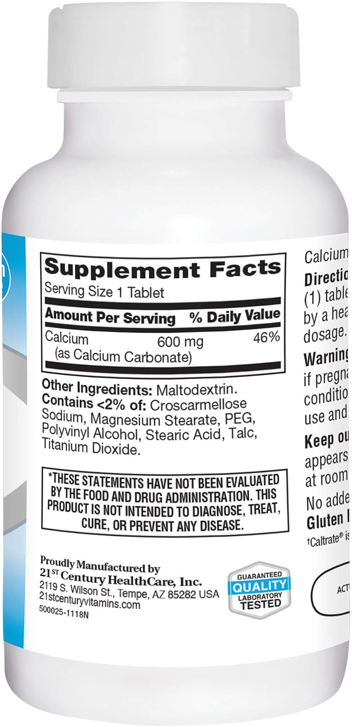 21st Century Calcium 600mg Tablets, Bone Strength Support, 75 Count | Calcium Carbonate 600 mg, Compare VS. Caltrate® 600, Bone Strength & Density Support, Vegan-Friendly, Non-GMO, Gluten Free