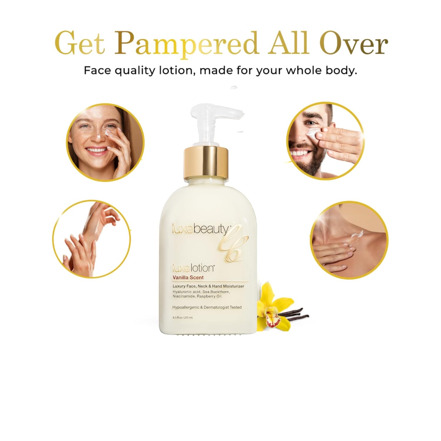 LUXELOTION is truly a Luxury Product - an Anti-Aging Face, Hand & Body Lotion with Hyaluronic Acid. This Lightweight and Non-Greasy Formula creates Silky Smooth Skin.