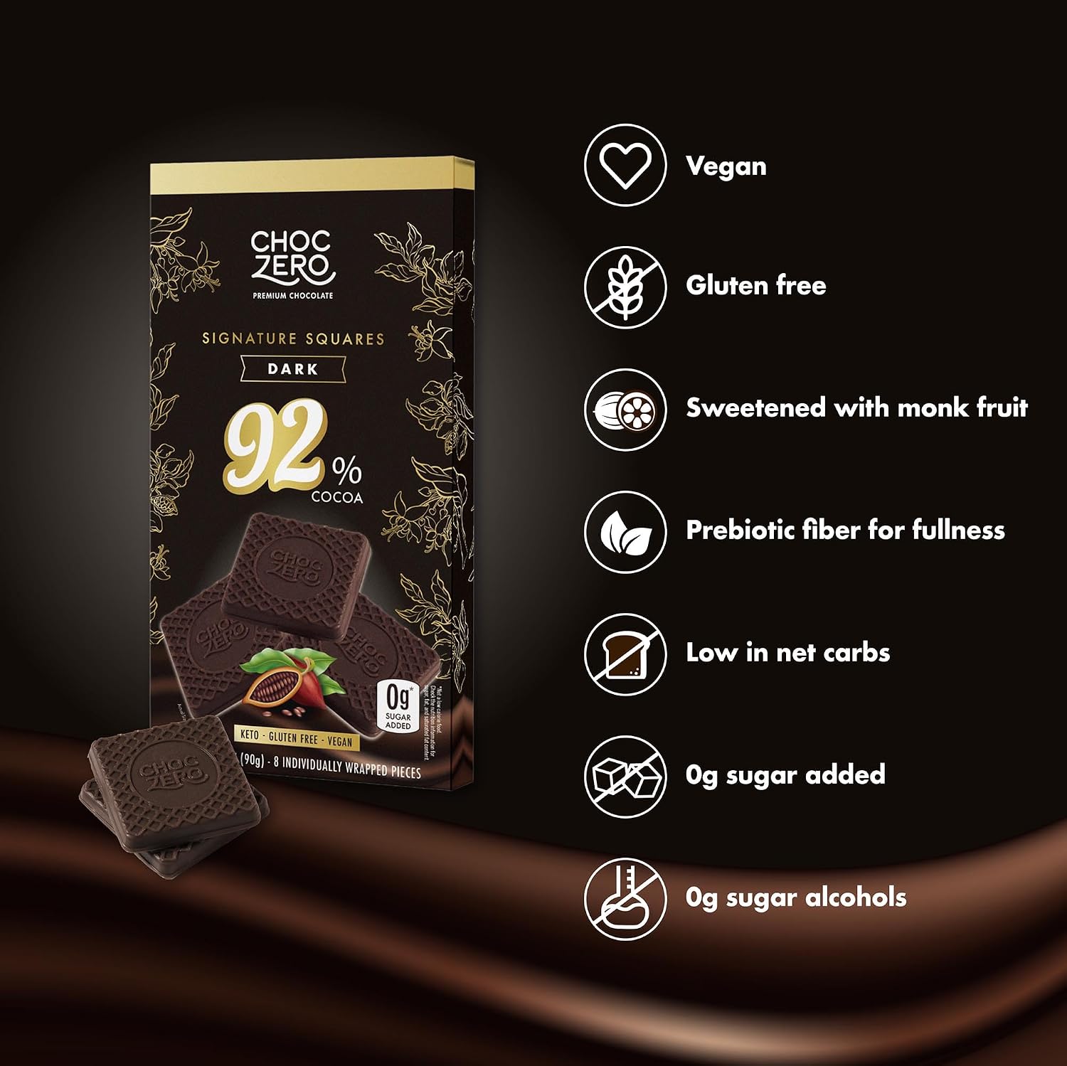 ChocZero 70% Cocoa Sugar Free Dark Chocolate Squares, Vegan, 4 Pack | No Sugar Alcohols, Keto, Low Carb, High Fiber, Gluten Free, 32 Total Candy Squares