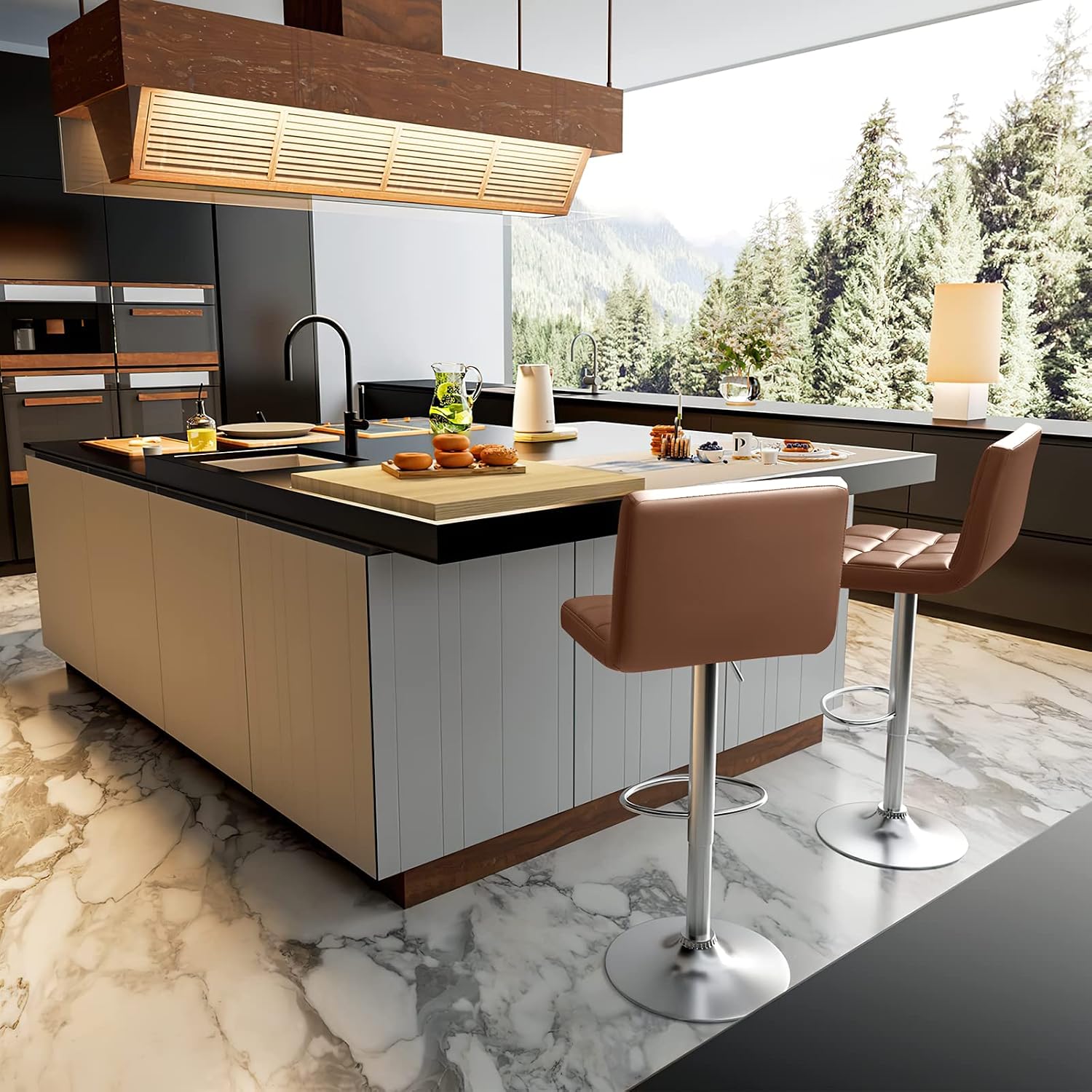 Homall Bar Stools Modern PU Leather Adjustable Swivel Barstools, Armless Hydraulic Kitchen Counter Bar Stool Extra Height Square Island Barstool with Back Set of 2 (Leather, White)