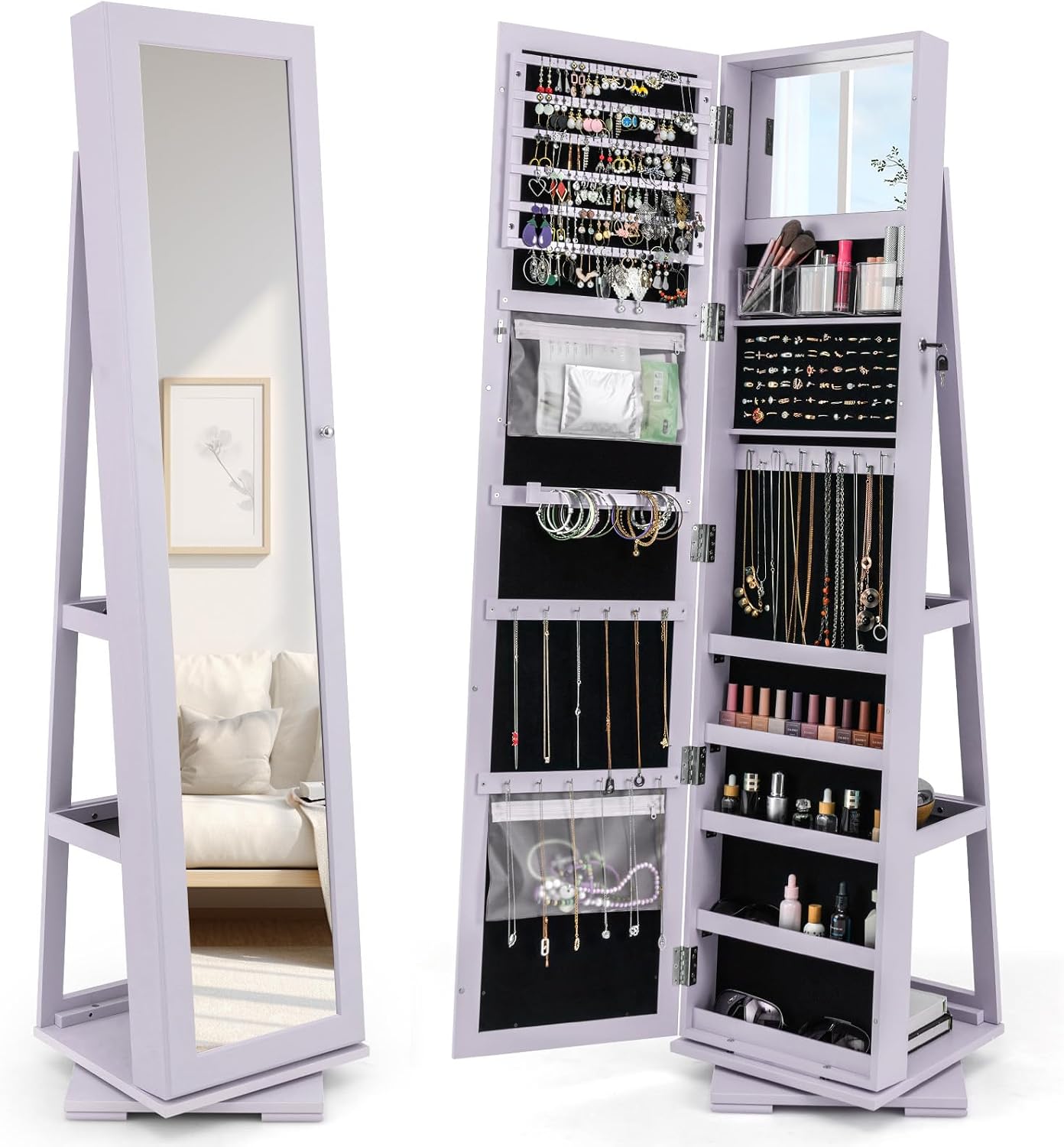 CHARMAID 360° Swivel Jewelry Armoire with Higher Full Length Mirror, Standing Lockable Jewelry Cabinet Organizer with Large Storage Capacity
