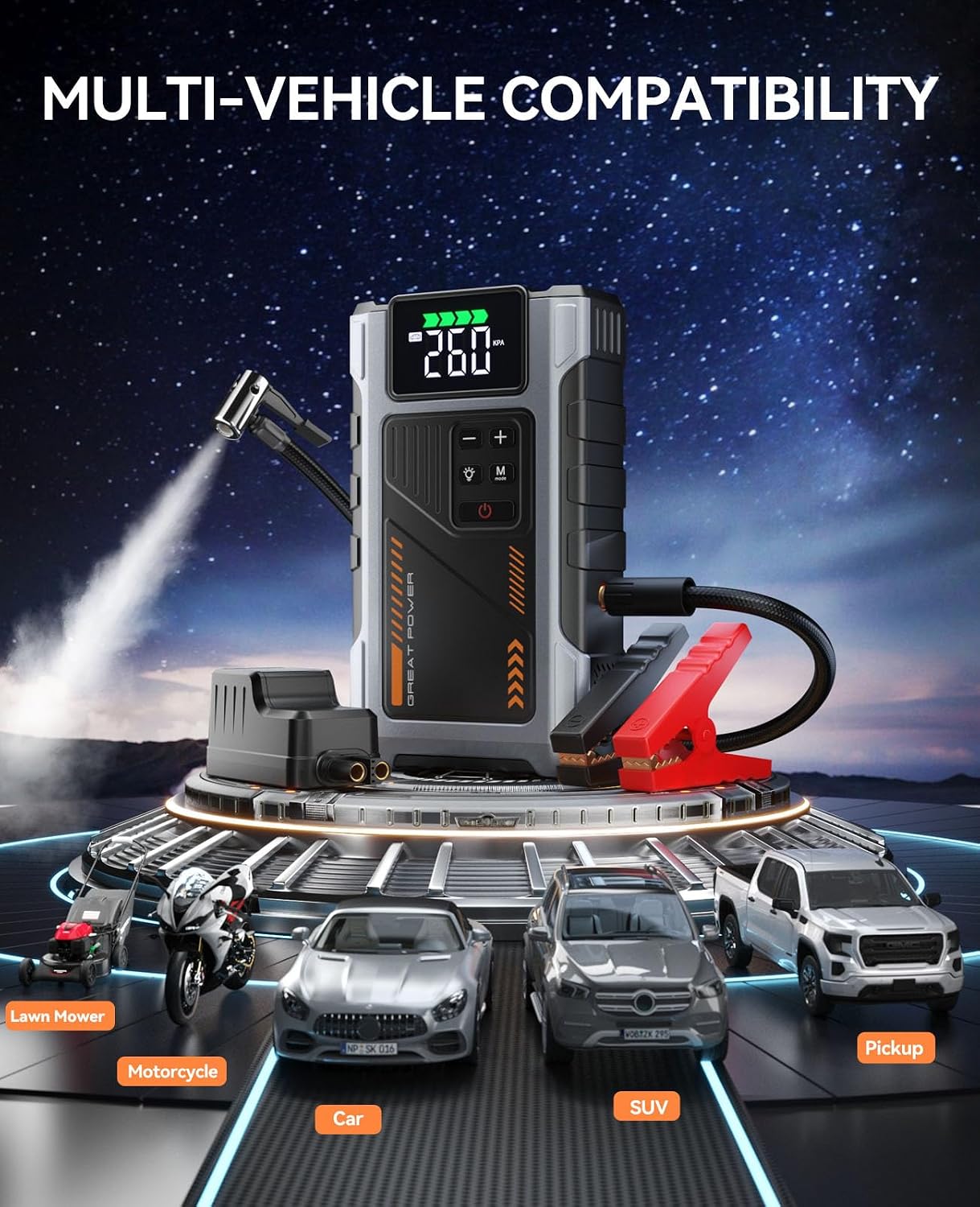 Car Battery Charger Jump Starter with Air Compressor, 4500A Jump Box for Car Battery Portable Jumper Cables with Battery Pack, 12V Jumpstart Combo 150PSI Tire Inflator Air Pump (8.5L Gas/7.0L Diesel)