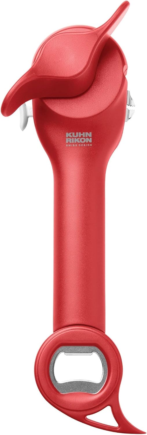 Kuhn Rikon Auto Safety LidLifter Can Opener with Ring-Pull Tool – Smooth-Edge Side-Cut Design for Safe, Touch-Free Lid Removal – Easy-Turn Handle, Swiss Engineered, Red