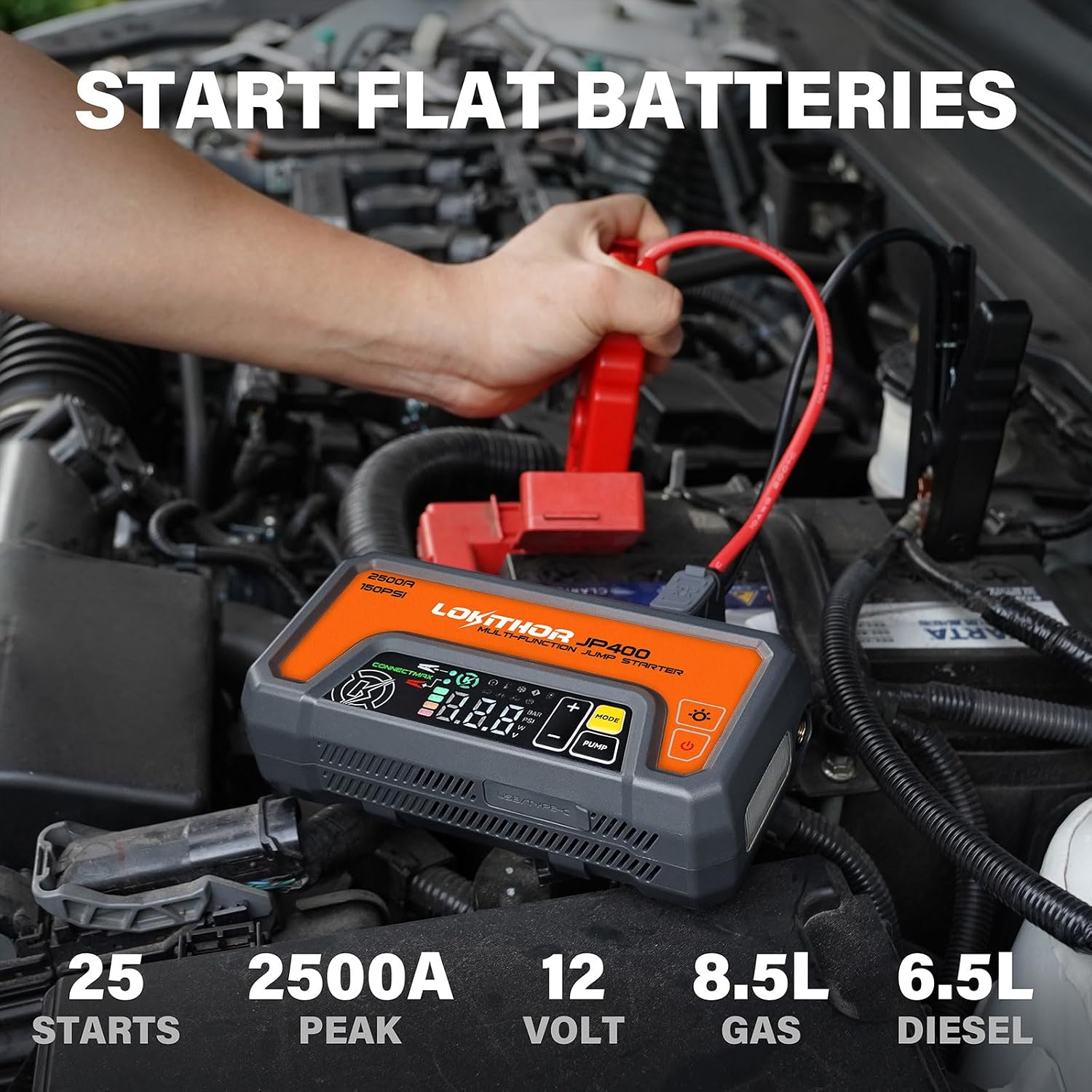 LOKITHOR JP400 Jump Starter with Air Compressor for 8.5L Gas/6.5L Diesel | 2500A 12V Portable Jumper Starter for Car, 150PSI Tire Inflator, 300 Lumen LED Light, Power Bank, ConnectMax, Jumper Cables