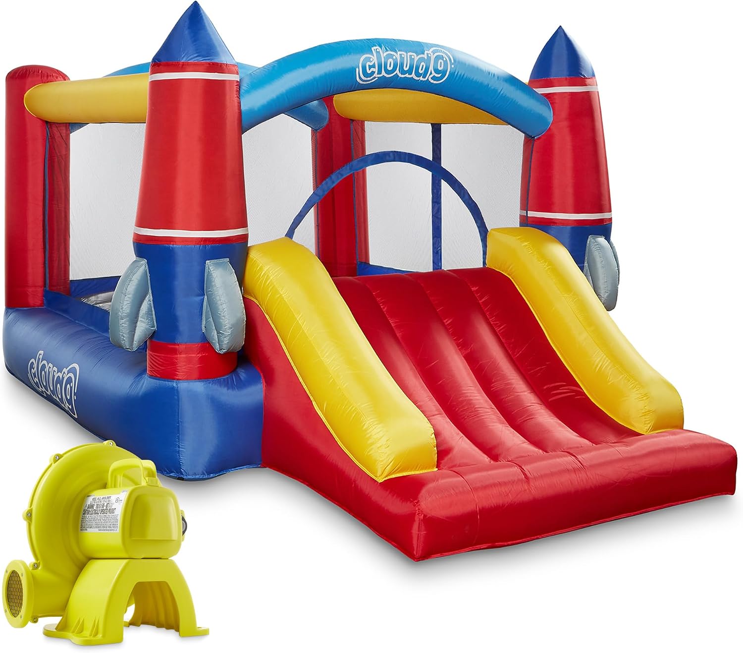 Cloud 9 Inflatable Bounce House and Blower, Rocket Theme Bouncer for Kids with Slide, Includes Stakes and Repair Patches