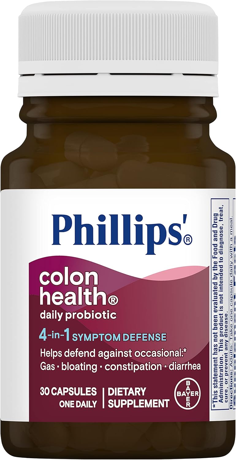 Phillips' Colon Health Daily Probiotic Capsules, 4-in-1 Symptom Defense to help defend against Occasional Gas, Bloating, Constipation, and Diarrhea, Daily Supplement, 30 Count