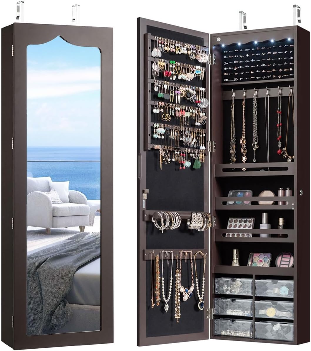 CHARMAID Jewelry Cabinet Armoire, Wall Mount Door Hanging, Lockable Jewelry Organizer with 47.5'' Full Length Mirror, 5 Lights