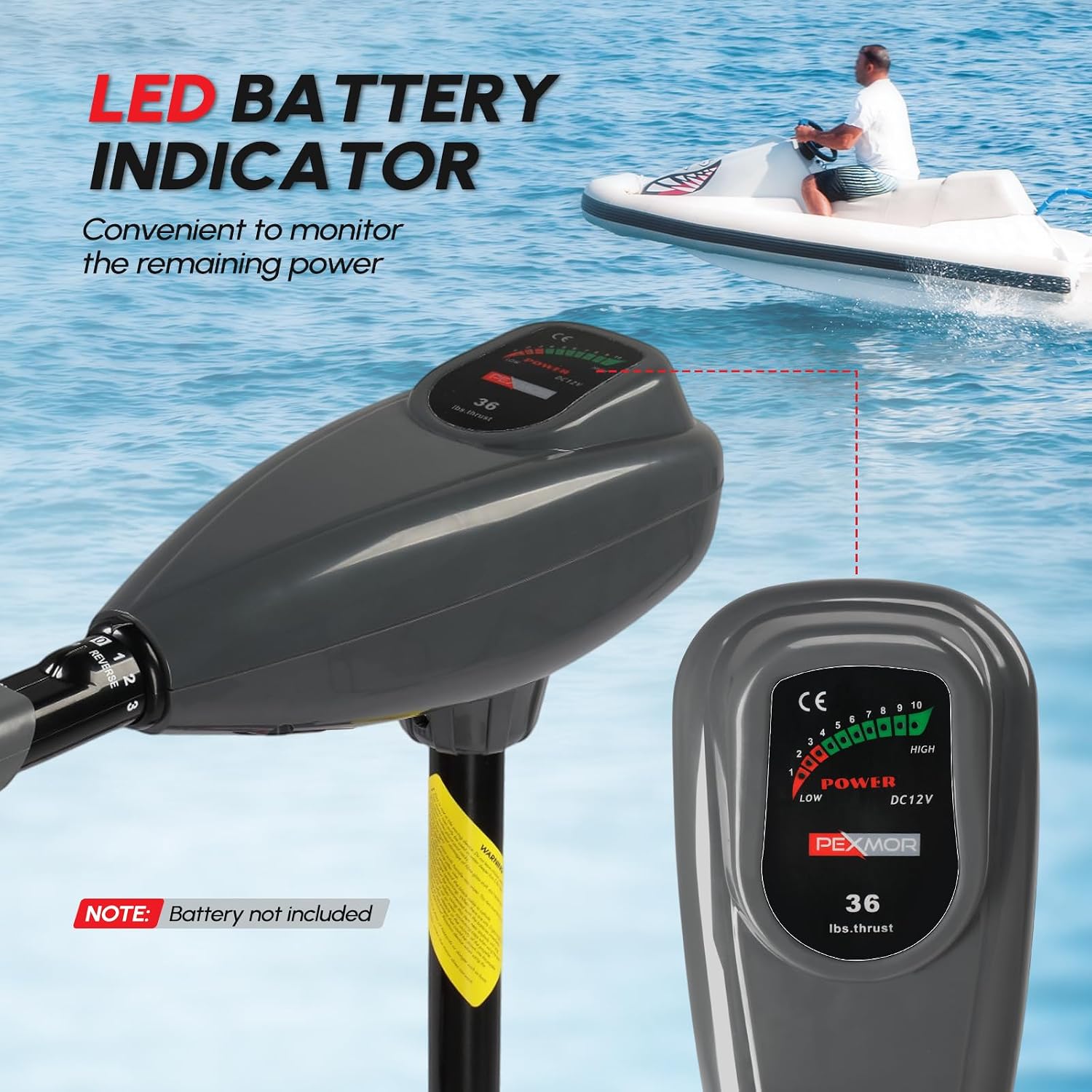 PEXMOR 8 Speed Electric Trolling Motor, Electric Outboard Boat Motor w/Adjustable Handle & LED Indicator, Transom Mounted for Saltwater, Kayak