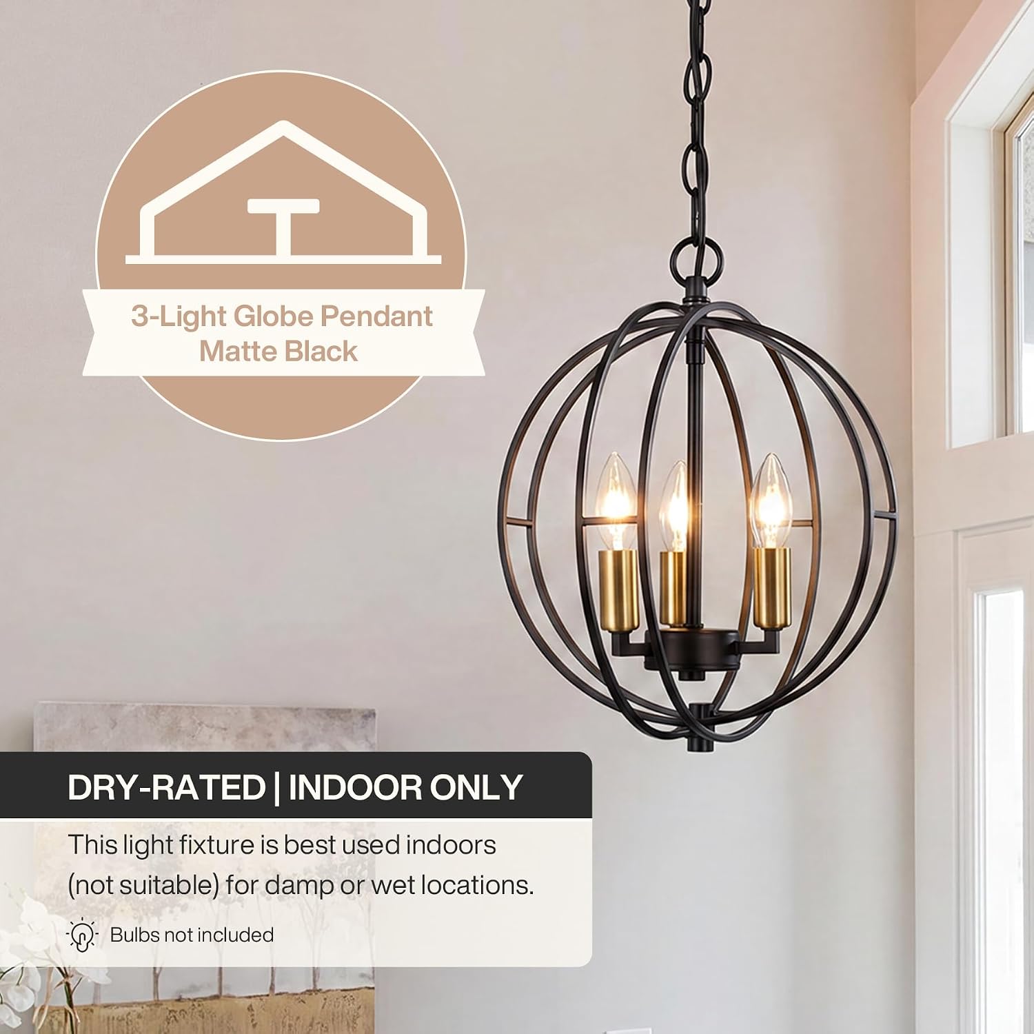 3-Light Farmhouse Chandelier, Black Industrial Metal Globe Pendant Light | Adjustable Hanging Height, for Kitchen Island, Dining Room, Foyer, Entryway