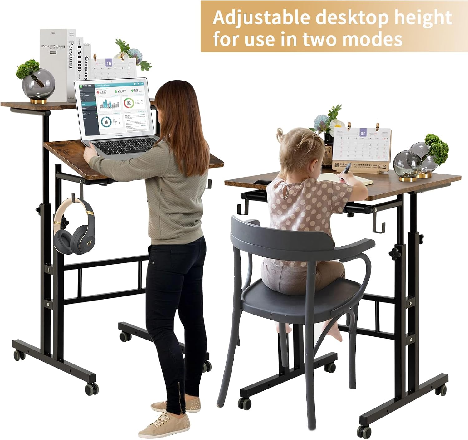 SIDUCAL Mobile Standing Desk, Portable Stand Up, Small Adjustable Converter with Wheels Home Office Workstation, Rolling Desk Laptop Cart for Standing or Sitting, Black