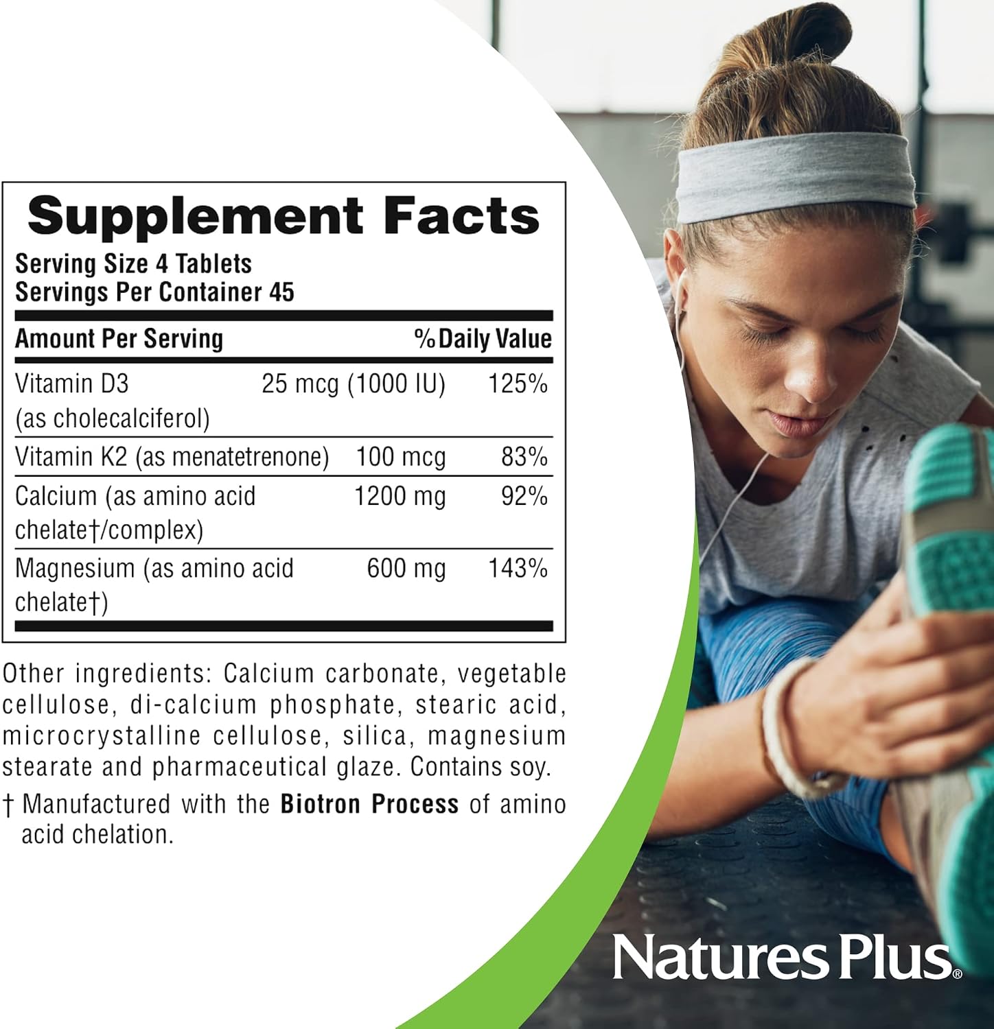 NaturesPlus Calcium/Magnesium/Vitamin D3 with Vitamin K2 - Supports Bone & Immune Health - Vegetarian, Gluten Free - 180 Tablets - 45 Servings