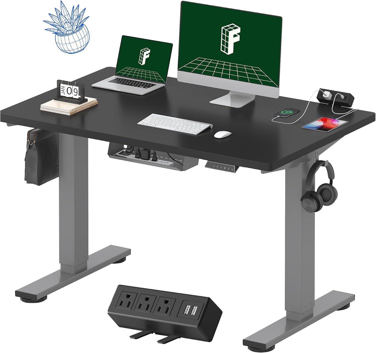 FLEXISPOT EN2 48"x24" Standing Desk with Power Strip Bundle, Black