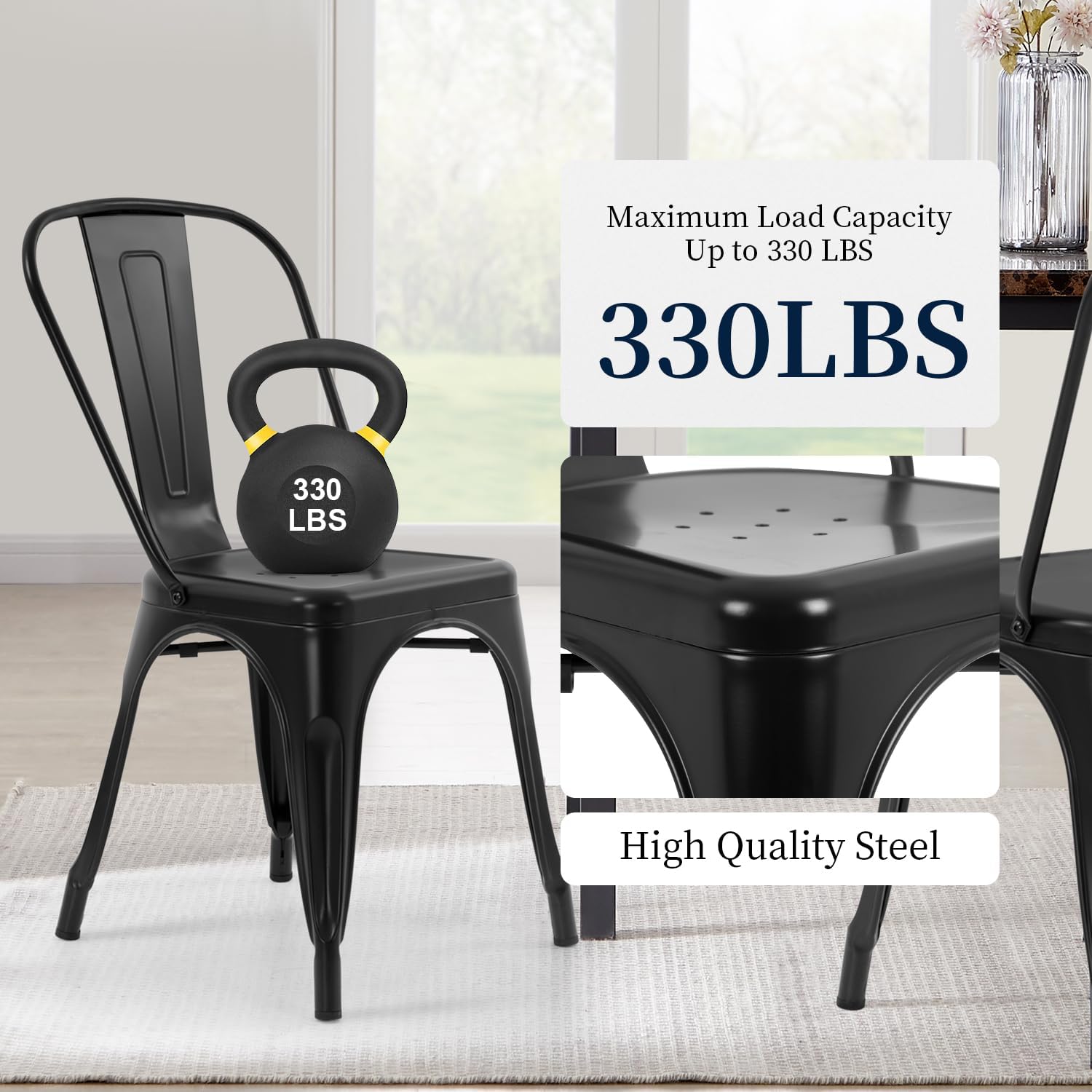 FDW | Metal Dining Chairs | Set of 4, Black | 330lbs Load | Stackable Tolix Side Chairs with Backrest | Non-Slip Feet | Indoor/Outdoor Use | Ideal for Kitchen & Restaurants