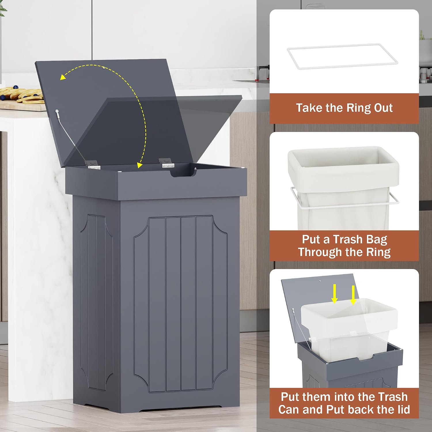 Function Home Trash Can Cabinet, 13 Gallon Kitchen Garbage Can, Wood Recycling Trash Bin, Freestanding Dog Proof Trash Can, Farmhouse Trash Cabinet with Lid for Home Kitchen Bathroom, Yellow