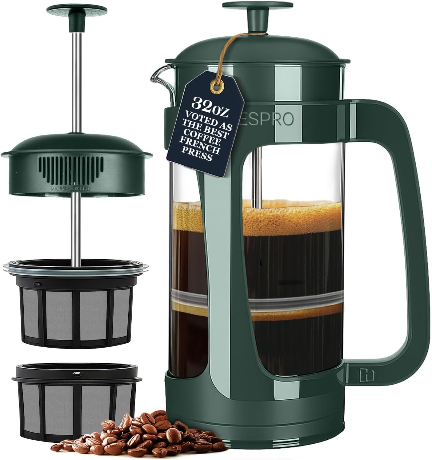 ESPRO P3 French Press Coffee Maker, 32oz, Black, Double Micro Filter Press | Grit-Free Coffee Press, Thicker Borosilicate Heat Resistant Glass french press, Tea Press, Easy Coffee Brewer, Tea Brewer