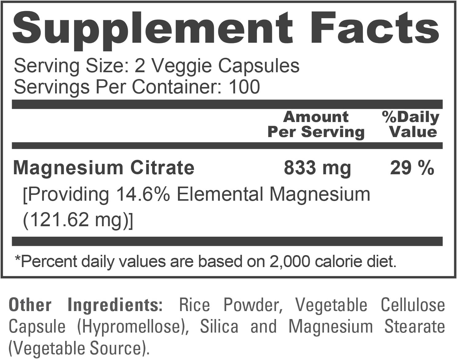 Magnesium Citrate, Non-GMO, Vegan, 833mg, 200 Veg Capsules - 100 Servings | Mineral Formulation, 14.6% Elemental Magnesium Citrate