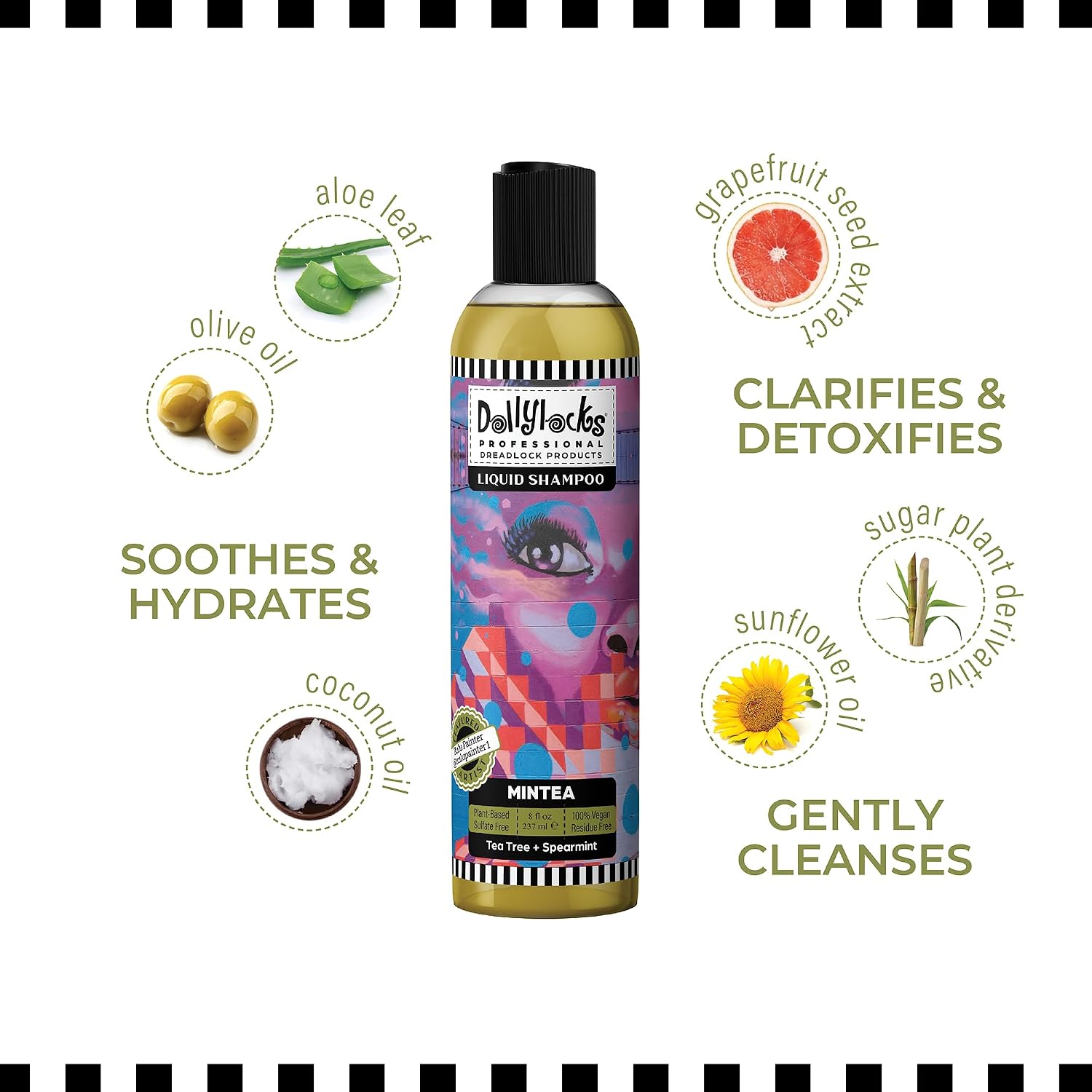 Dollylocks Clarifying Liquid Shampoo | Rosemary Peppermint Lemon | Paraben-free, Plant-Based, Vegan, Residue-Free Loc, Braid, Dreadlock Care | All hair types | 8oz
