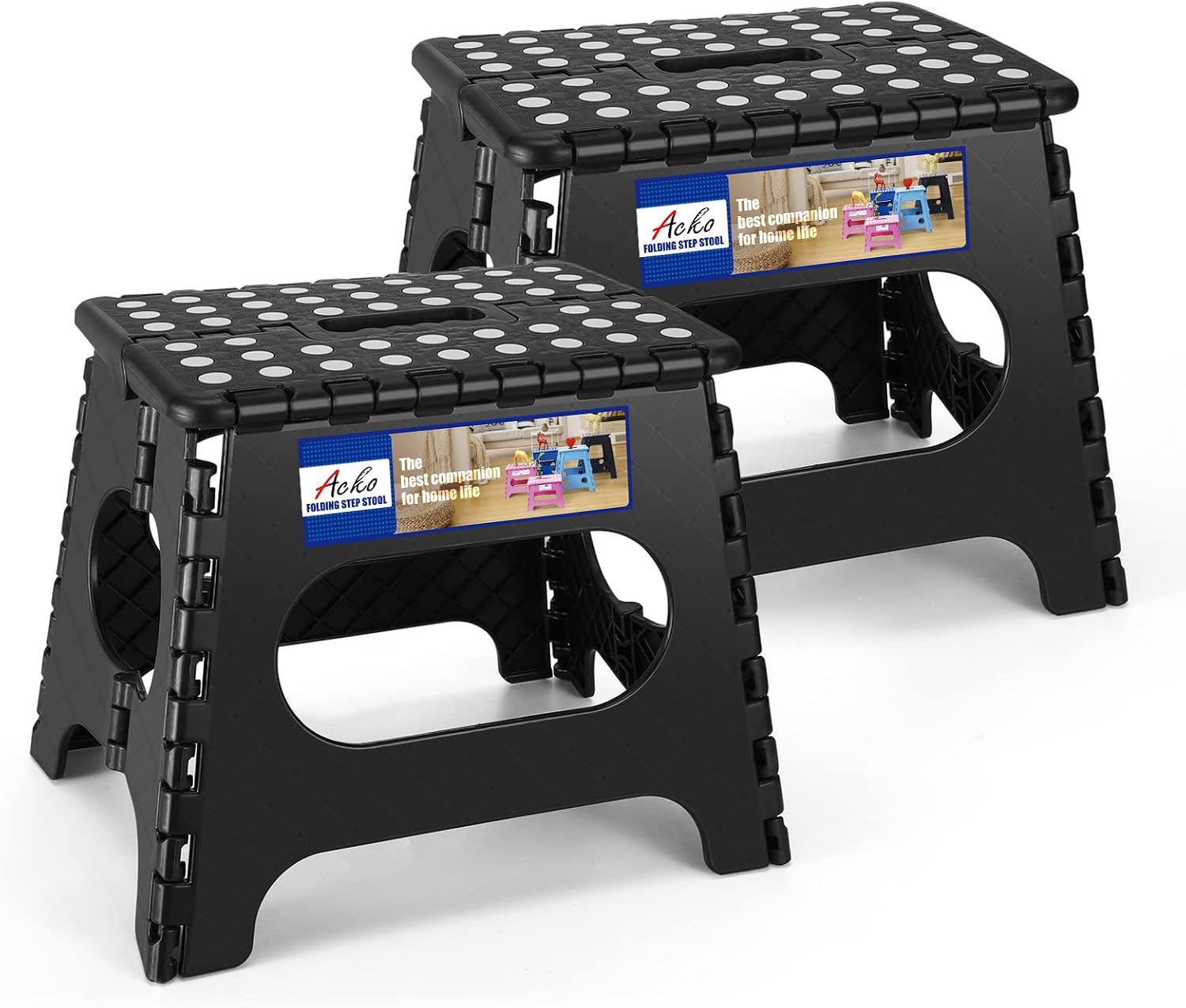ACKO 13 Inch Folding Step Stool, Holds 300 lb for Adults and Kids, Black | Collapsible Heavy Duty Foldable Stools, Portable Non-Slip Foot Stepping stool, Kitchen Bathroom Bedroom Outdoor with Handle