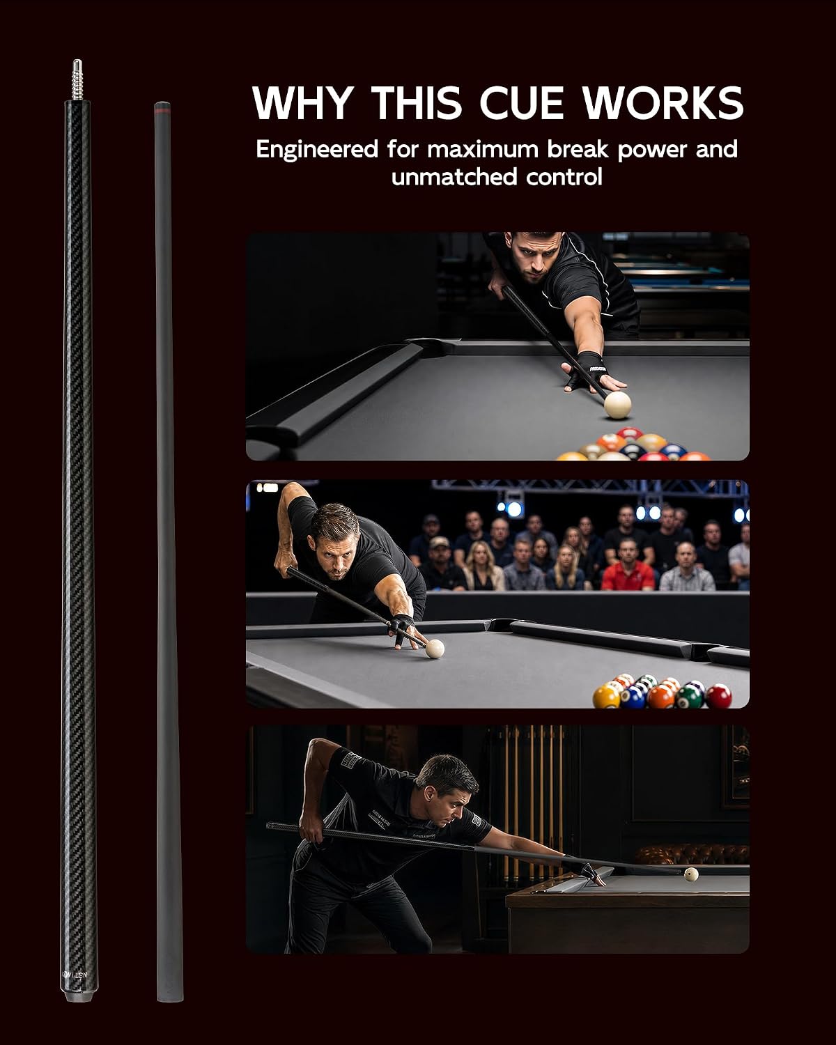 KONLLEN Carbon Fiber Break Cue, 58-Inch Pool Stick, 13mm Tip | Carbon shaft, 2-piece design, firm tip setup, built for dedicated break shots