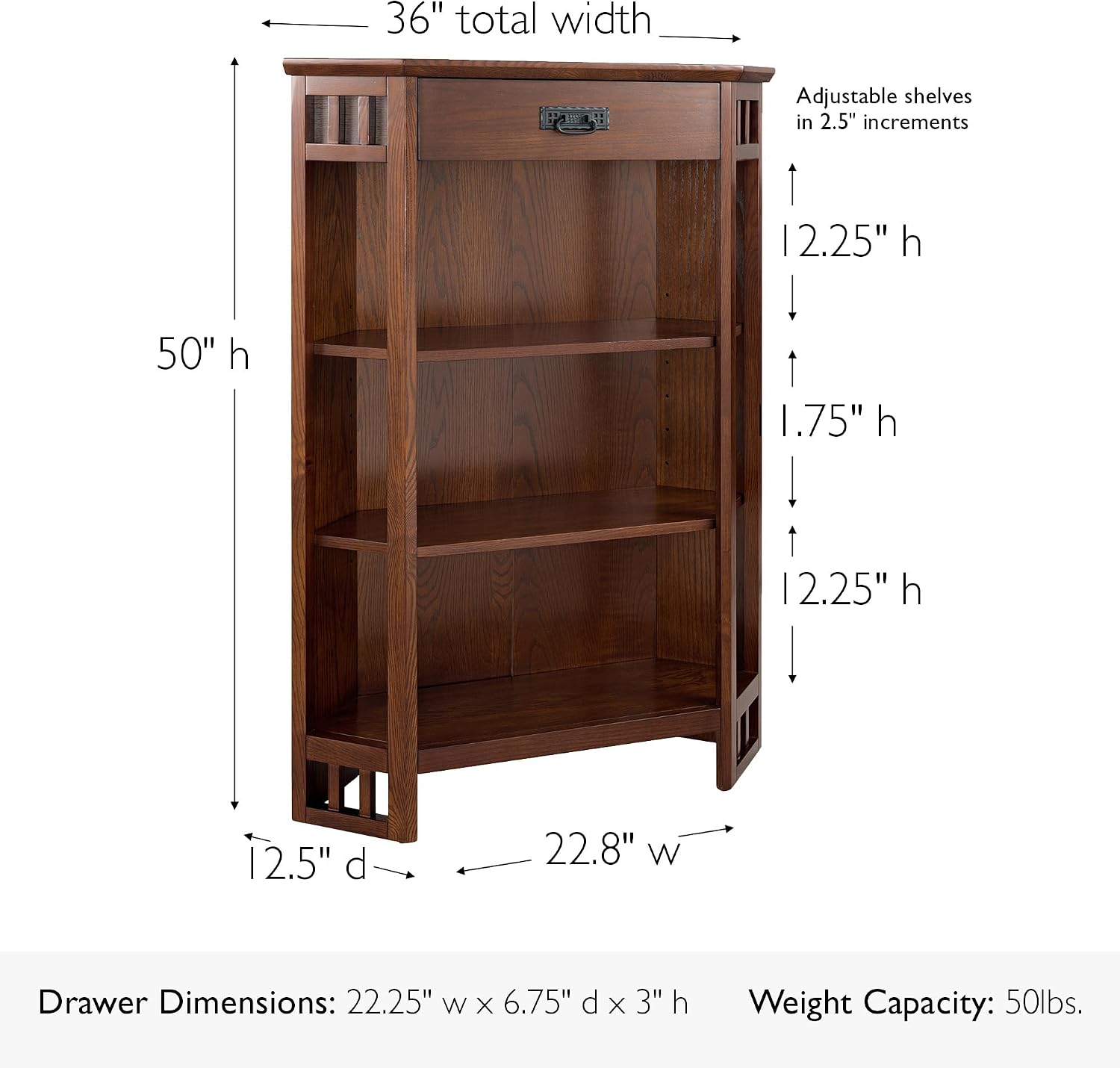 Leick Home Mission Corner Bookcase, 36", Mission Oak | Adjustable Shelves, Freestanding, Traditional, Wood, Furniture, 82263