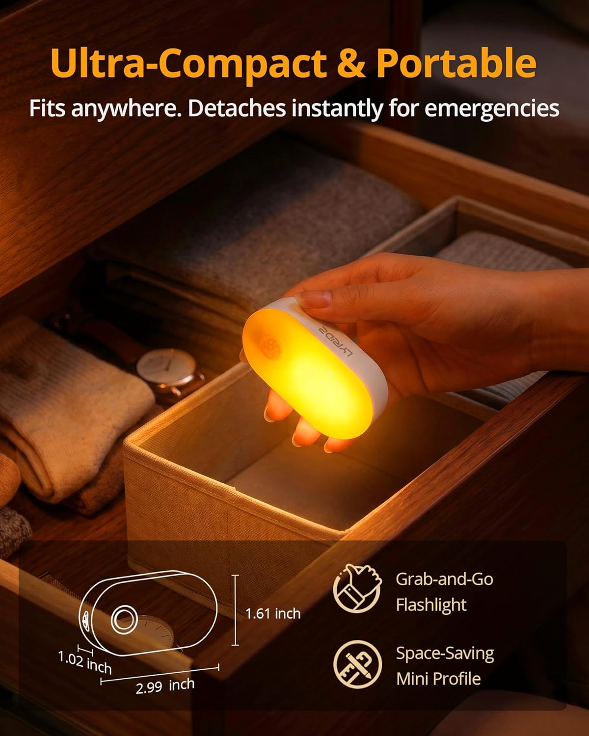 Lyridz Rechargeable Battery Night Light with Motion Sensor, Portable Mini Warm White LED Stick-on Closet Light, Adjustable Brightness for Bathroom
