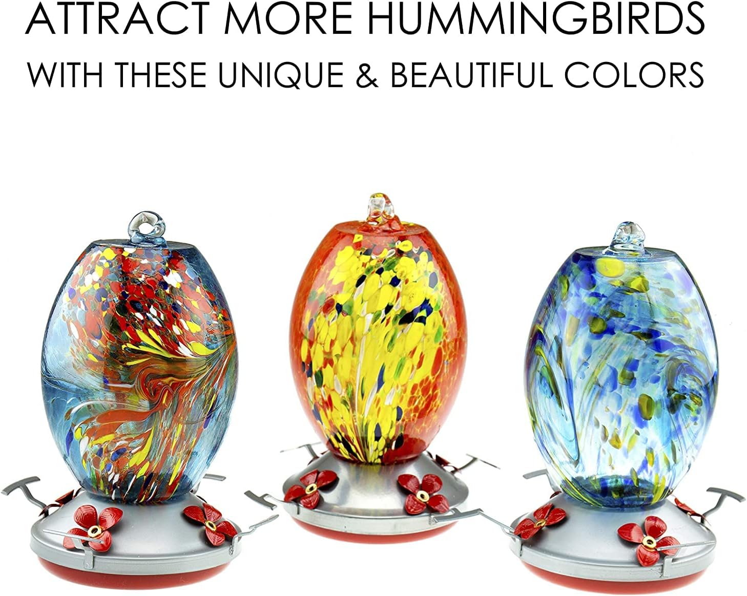 CLEVER GARDEN Hummingbird Feeder with Perch | Hand Blown Flat Glass in Red | 27 Fluid Ounces Humming Bird Nectar Capacity with Hanging Metal Wires
