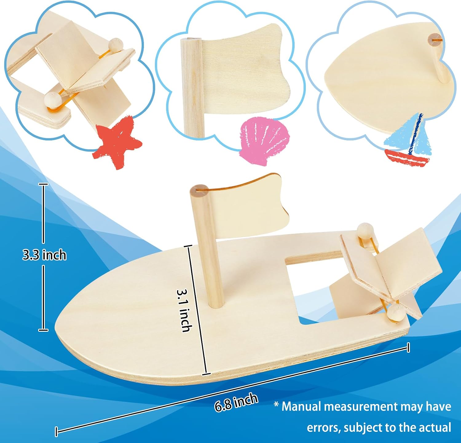 Amersumer 10 Pcs DIY Toy Wood Boat Craft Kits, Mini Wooden Sailboat Kits, Paddle Boats Paint and Decorate for School Projects
