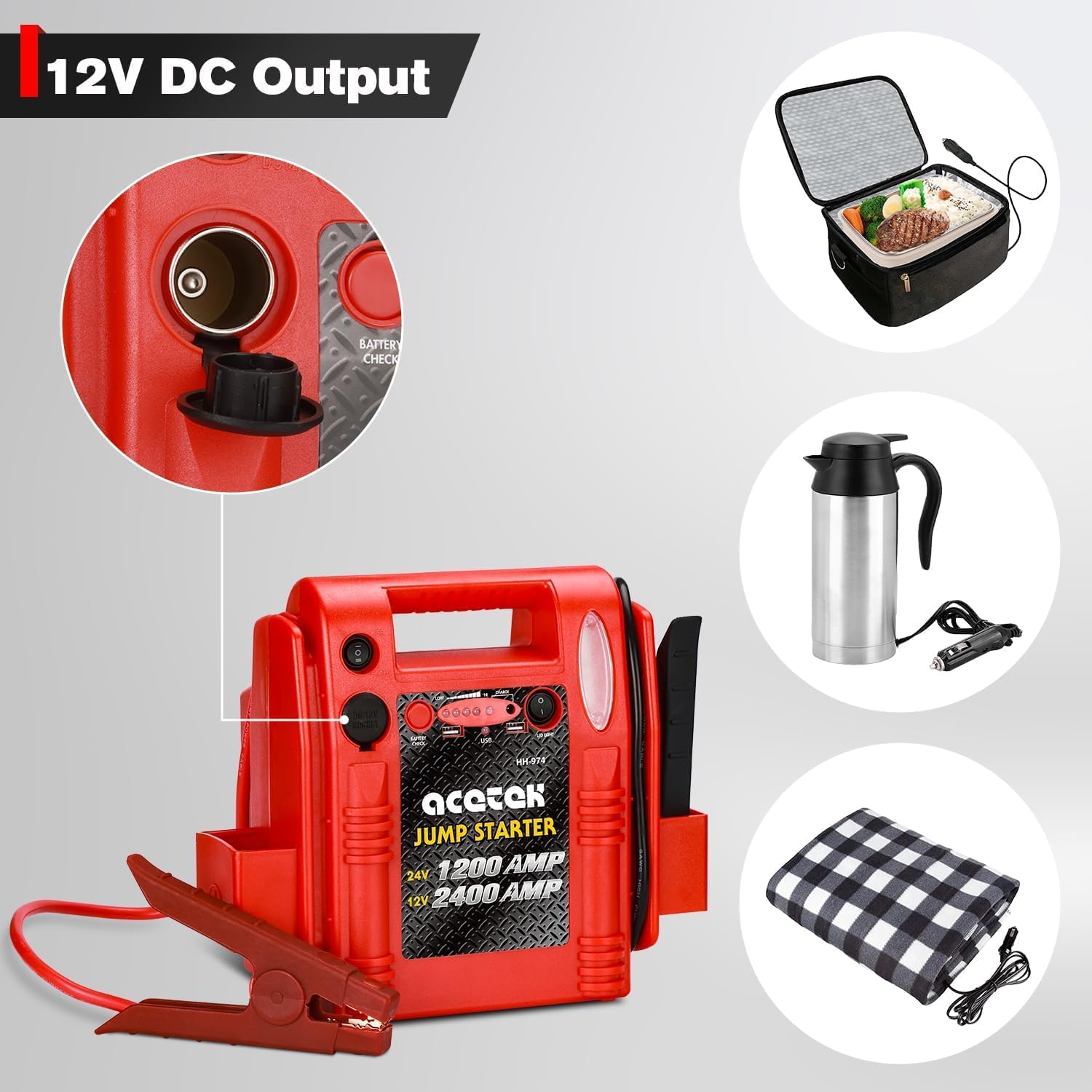12V/24V Jump Starter, 2400/1200 Peak Amp Battery Jump Starter for Truck Car Tractor Excavator, Heavy Duty Jump Box Battery Pack with USB and DC Output