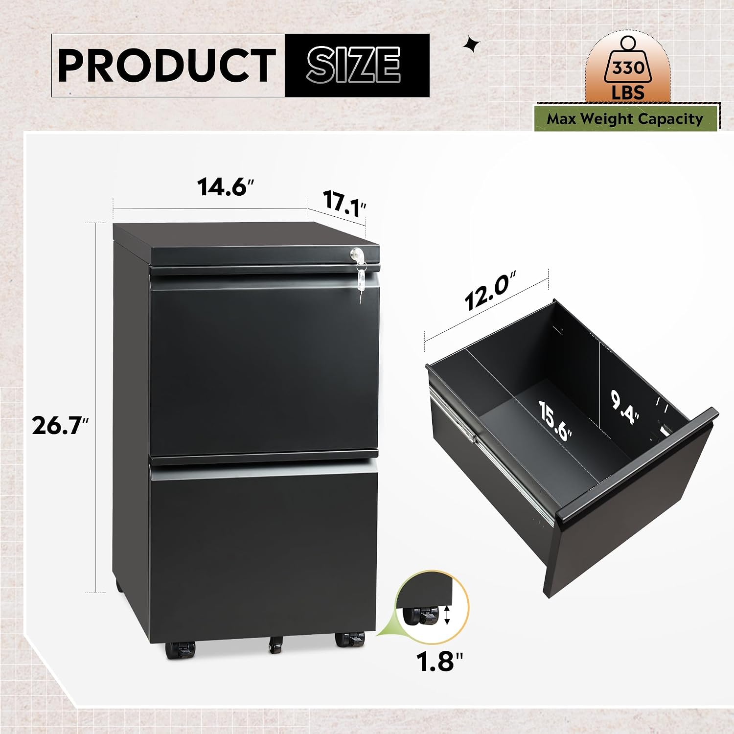 DEVAISE 3 Drawer Mobile File Cabinet with Lock, Under Desk Metal Filing Cabinet for Home Office/Legal/Letter/A4 File, Fully Assembled Except Wheels, Black