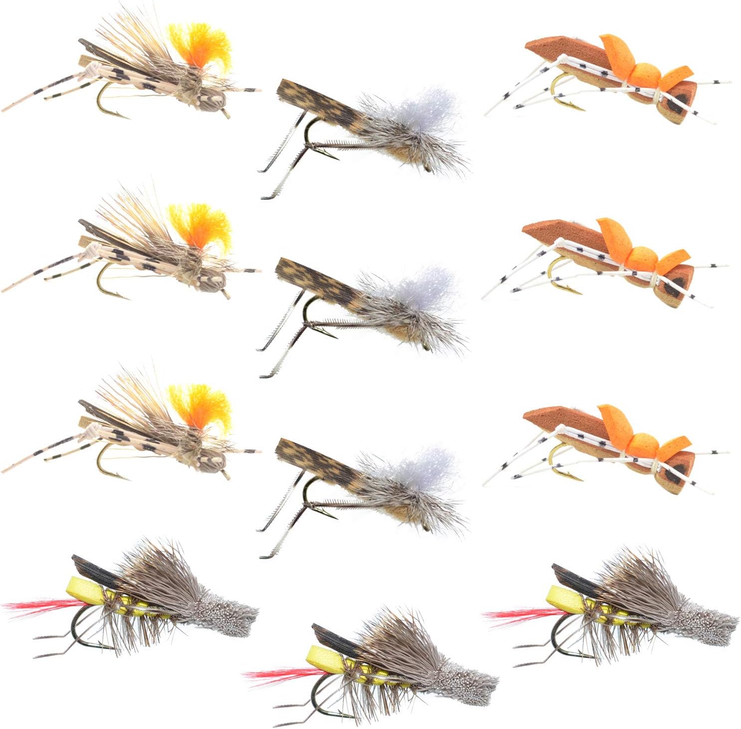 The Fly Fishing Place Grasshopper Dry Flies - 4 Best Hopper Patterns (1 Dozen)
