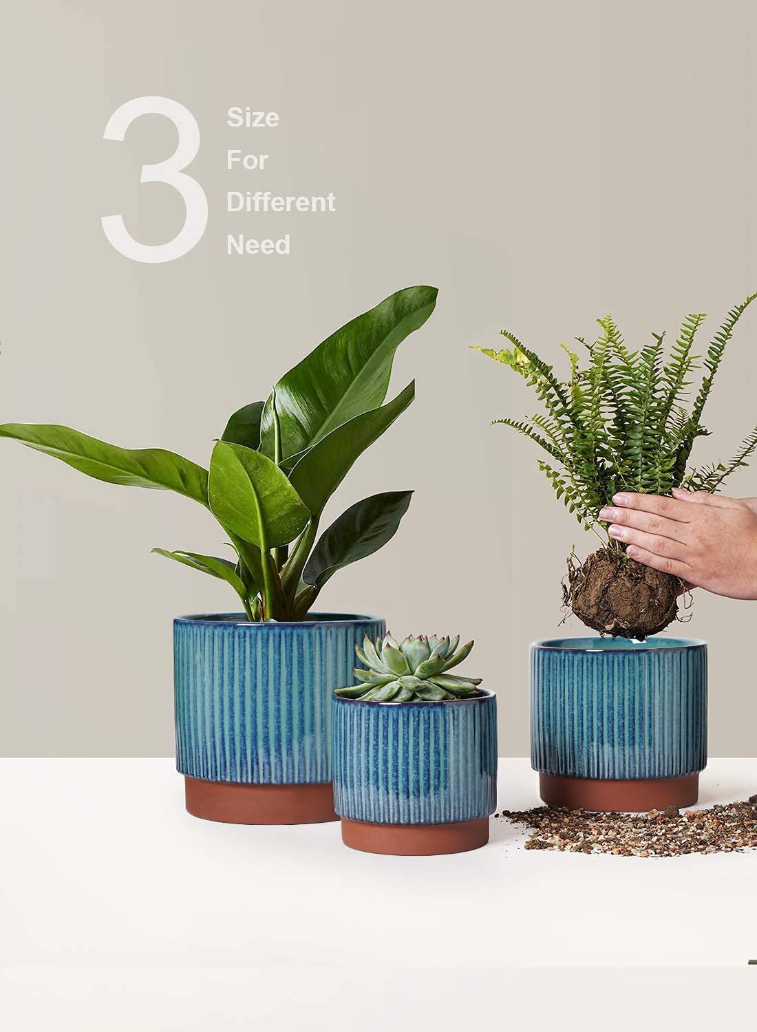 LE TAUCI Ceramic Plant Pots with Drainage Holes, Set of 3, 8+6.7+5.5 Inch Stripe Garden Planter Pots for Outdoor Indoor Plants Flower